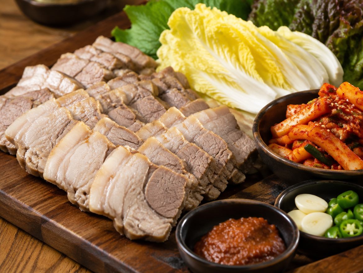 배추와 무김치를 곁들인 수육 보쌈